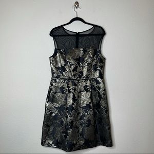 Adrianna Papell Gold Floral Mesh A Line Dress